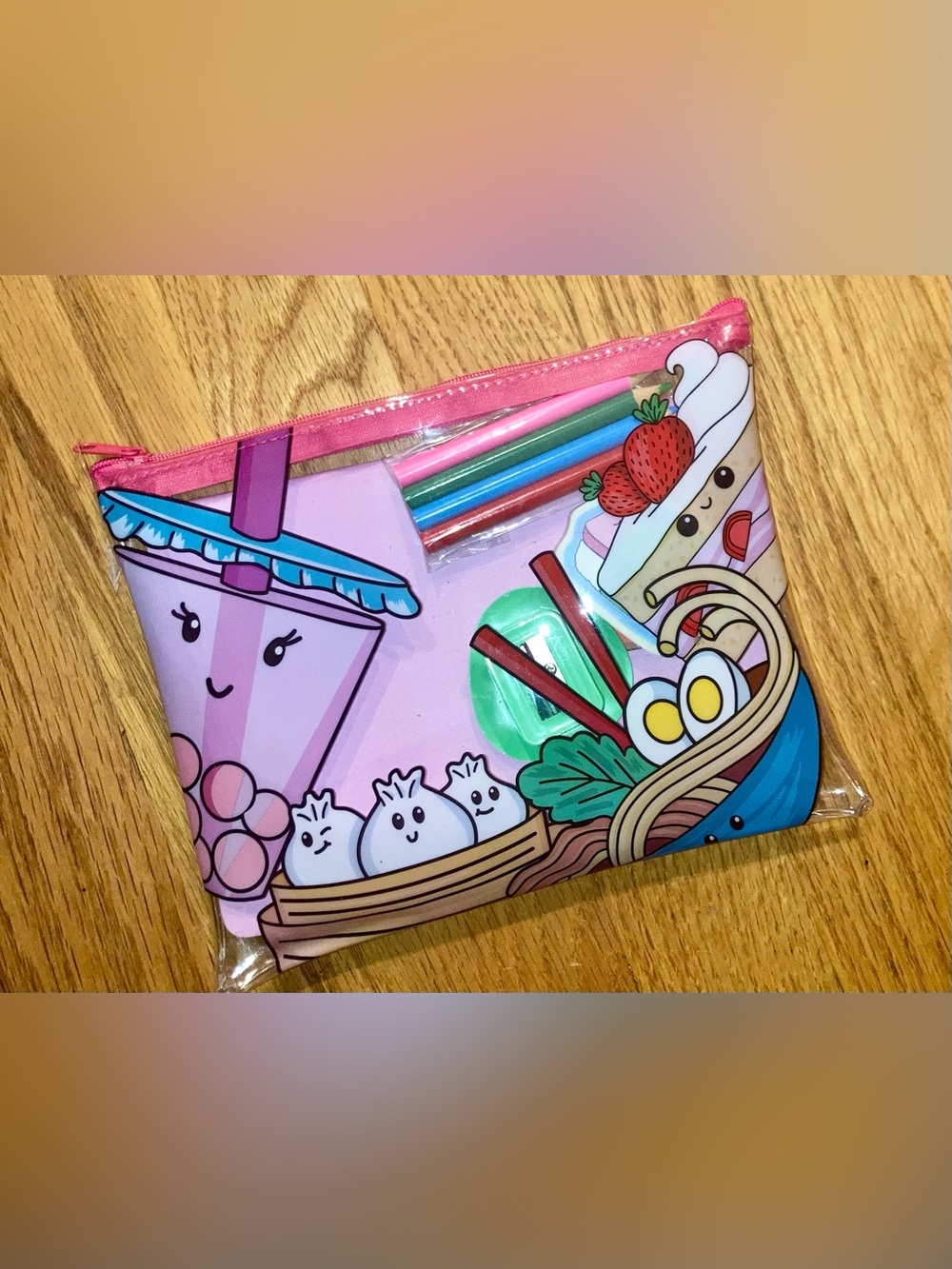 Clear Pencil Case  with boba tea, dumplings, and ramen print + supplies NWT